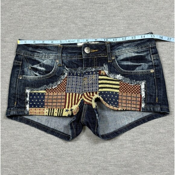 Hot Kiss Womens Blue Denim Cici Short Shorts Flag Patchwork Low Rise Size 3 - Picture 8 of 13